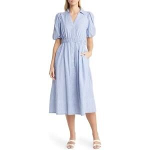 Lilly Pulitzer Coastal Blue Stripe Tassie Puff Sleeve Midi Shirt Dress